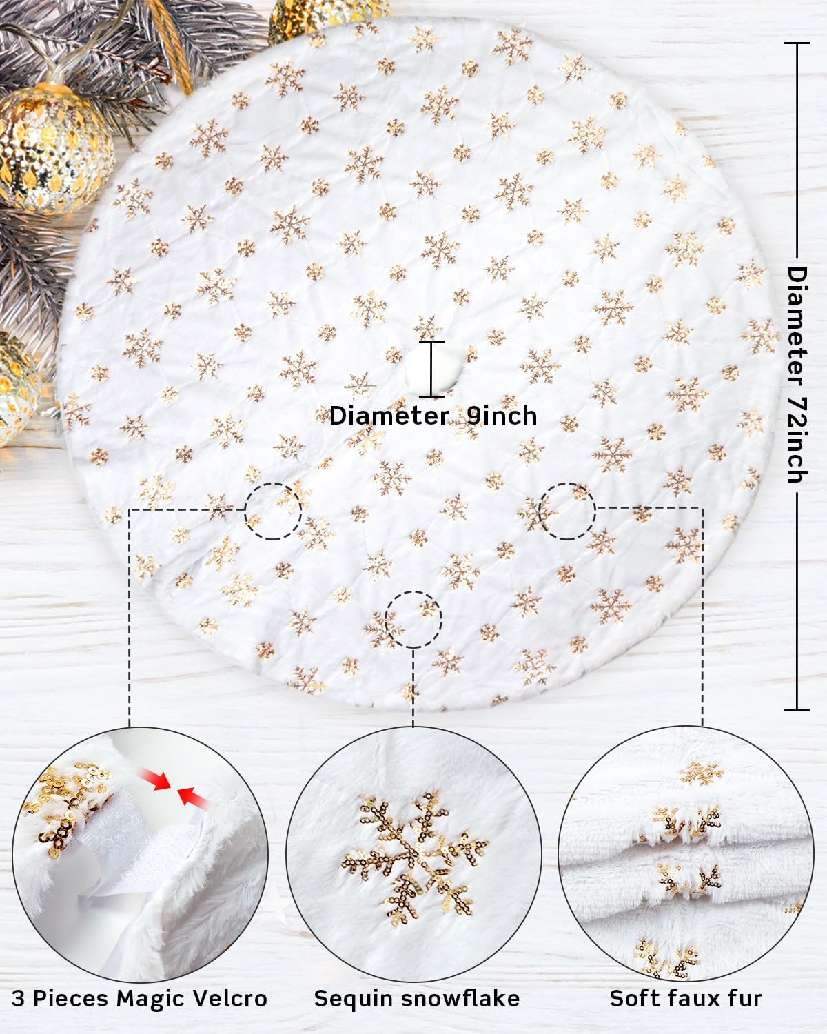 COOLWUFAN 72 Inches Christmas Tree Skirt for Xmas Tree Holiday Party Decoration White Plush Gold Sequin Snowflake (Gold)