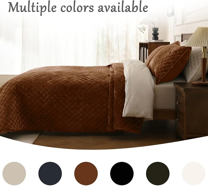 3-Piece Velvet Quilt Set Oversized King Size 120"x128" Bed Blanket Quilted Bedspread Soft Luxury Bedding with 2 Pillow Shams 20''x36'' for All-Season,Caramel