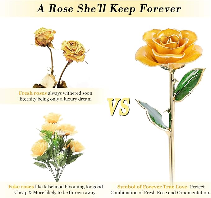 Ejoyous 24K Gold Dipped Real Rose w/Rose Stand Forever Blooming Yellow Golden Rose Her on Christmas Birthday Proposal Valentines Day Wedding Anniversary, Yellow with Stand