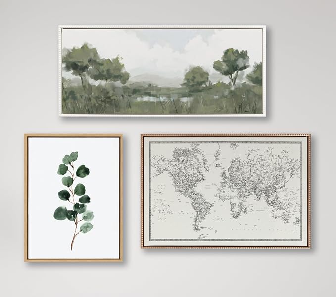 Kate and Laurel Sylvie Beaded Vintage Black and White World Map Vintage Framed Canvas Wall Art by The Creative Bunch Studio, 28x38 Gold, Modern Geographical Map Décor