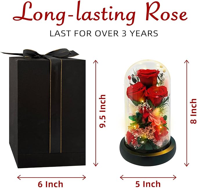 HipTree Preserved Red Rose in Glass Dome with LED Lights - Forever Eternal Real Rose Gifts for Women, Valentines Day Mothers Day Birthday Christmas Gift Wedding Anniversary for Mom Wife Girlfriend