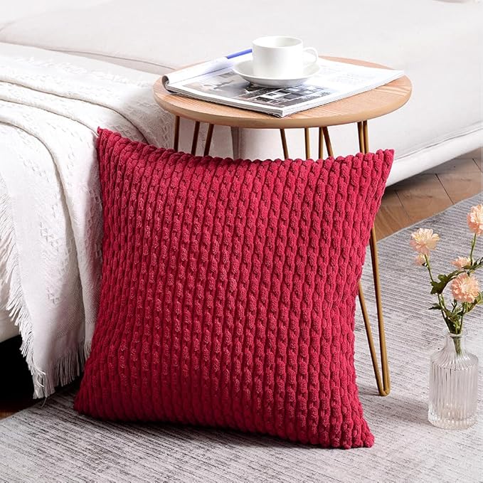 Fancy Homi 2 Packs Burgundy Decorative Throw Pillow Covers 16x16 Inch for Couch Bed Sofa, Modern Farmhouse Boho Home Decor, Soft Cute Plush Corduroy Striped Wine Red Cushion Case 40x40 CM