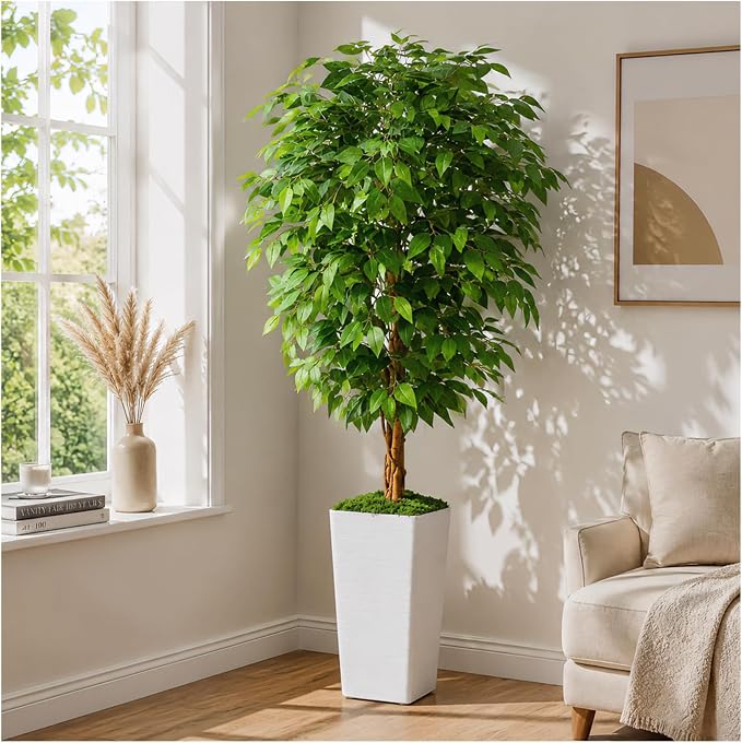 5FT Artificial Ficus Tree, 60 Inch Realistic Faux Silk Ficus Floor Plant with White Planter & Moss, Tall Fake Potted Tree for Indoor Home Office Living Room Corner Decor