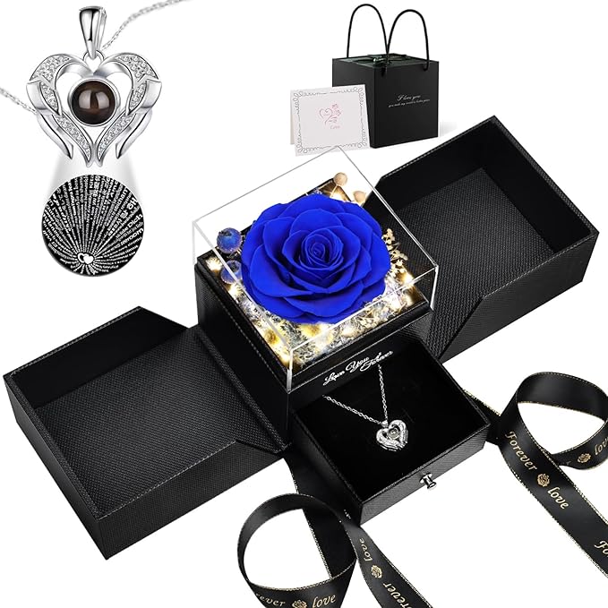 FIACO Gifts for Mom Preserved Real Roses with I Love You Necklace Fresh Forever Flowers Mothers Day Flower Gifts for Women Grandma Anniversary Birthday Gift for Girlfriend Wife Daughter