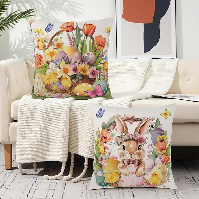 Easter Bunny Pillow Covers Spring Colorful Easter Eggs Pillow Cases Rabbit with Tulip Flower Throw Pillow Covers 20x20 Set of 2 Floral Wreath Cushion Cases for Home Porch Garden