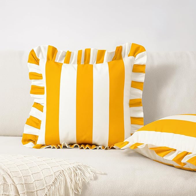 MONDAY MOOSE Decorative Throw Pillow Covers, Set of 2 Water-Resistant Striped Design with Ruffle Edge for Outdoor/Indoor Use, Pillow Inserts Not Included (18x18 inch, Golden Yellow/White)