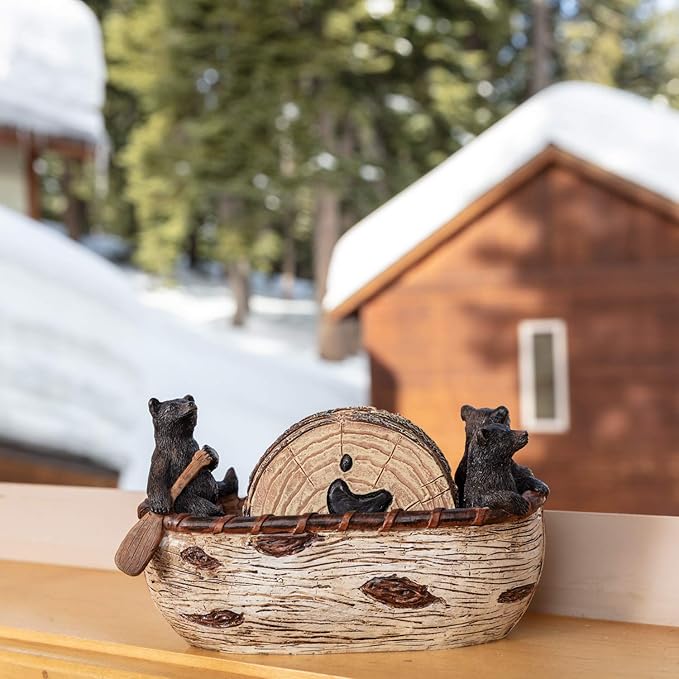 Bear Coasters Set of 6 Full Size Rustic Coasters in Handmade Canoe with Adorable Black Bear Figurines - Log Cabin Decorations, Rustic Lodge Decor for The Home