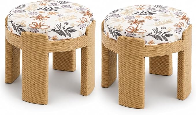 Round Ottoman Set of 2, Boho Hand-Woven Rope Upholstered Ktichen Vanity Chairs Accent Stool Fully Assembled for Bedroom Living Room, Floral Linen
