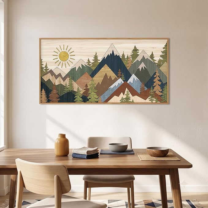 BICERE Large Abstract Mountain Woodcut Framed Canvas Wall Art,Vintage Pine Tree Wall Decor,Rustic Nature Forest Painting,Neutral Artwork for Living Room,Bedroom,Dining Room,Farmhouse - 20"x40"x1