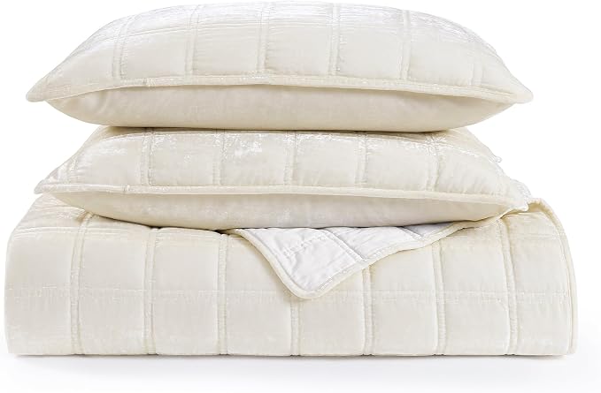 HiEnd Accent Stella Faux Silk Velvet Double Box Stitch 3 Piece Quilt Set, Full Queen Size, Stone Solid Color, Classic Chic Modern Rustic Elegant Bedding Set, Lightweight Bed Set