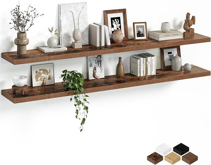 Fun Memories Floating Shelves for Wall, 66 Inch Long Set of 2 Rustic Wood Wall Shelves with Invisible Brackets, Heavy Duty Storage Display for Living Room Bedroom Kitchen, Brown