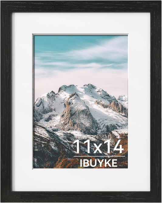 IBUYKE 11 x14 Picture Frame,Solid Oak Wood 11x14 Photo Frame with Mat to 8x10,11x14 Picture Frames With Tempered Glass,Wall Mount Display,Home Decor,Black Oak 14 x 11 Frame,UWPF1114B
