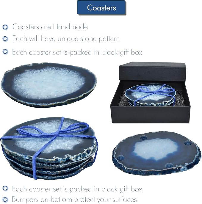 Nature's Decorations Blue Agate Stone Coasters - Set of 4, Polished Geode Drink Mats for Dining & Coffee Table & Kitchen Geode Decor Non-Toxic 3.5-4" Diameter