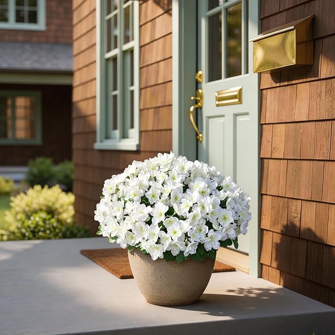 YXZZWL 8 Bundles Artificial Flowers for Front Door, Fake Silk Azalea Bouquet Silk Flowers for Outside UV Resistant Realistic Faux Plants for Planter Farmhouse Patio Garden Walkways Home Decor (White)