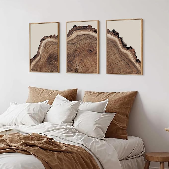 SIKERIC Framed Nature Tree Ring Wall Art, (24X36 inch) Modern Wood Stump Canvas Wall Art Set Of 3,Large Wood Tree Spiral Art Prints, Abstract Wall Painting for Living Room, Bedroom, Office
