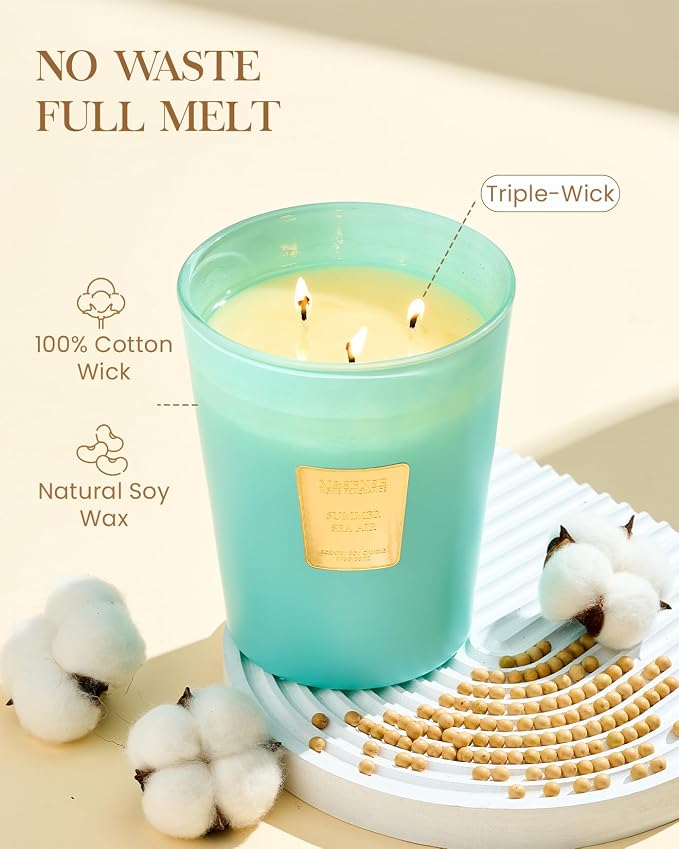 M&SENSE Summer Sea Air Soy Candle, 35oz 3-Wick, Summer Housewarming Gift | 150H Slow Burn, Non-Toxic, Large Jar, Coastal Home Fragrance, Summer Relaxing, Stress Relief