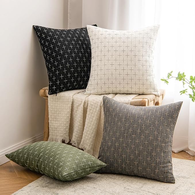 MIULEE Pack of 2 Decorative Burlap Linen Throw Pillow Covers Modern Farmhouse Pillowcase Rustic Woven Textured Cushion Cover for Sofa Couch Bed 20x20 Inch Black
