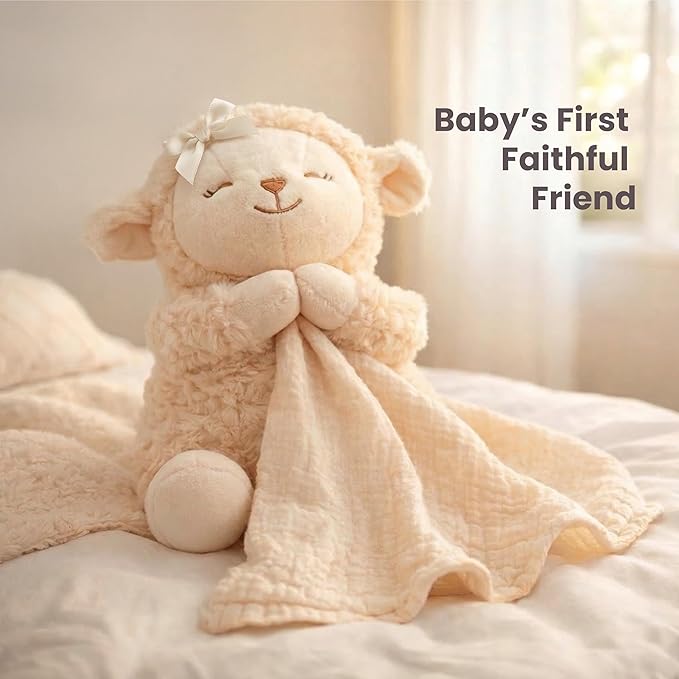 Baptism Gift for Boy or Girl Baptism Set with 10" Praying Lamb Plush Toy, Bamboo Muslin Blanket & First Prayer Book, Ready to Gift Keepsake Box