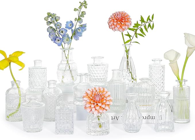 SUPMIND 16pcs Glass Bud Vase Set, Small Clear Flower Vases for Centerpieces in Bulk, Cute Mini Vintage Vase for Wedding, Home Decor, Table Decoration