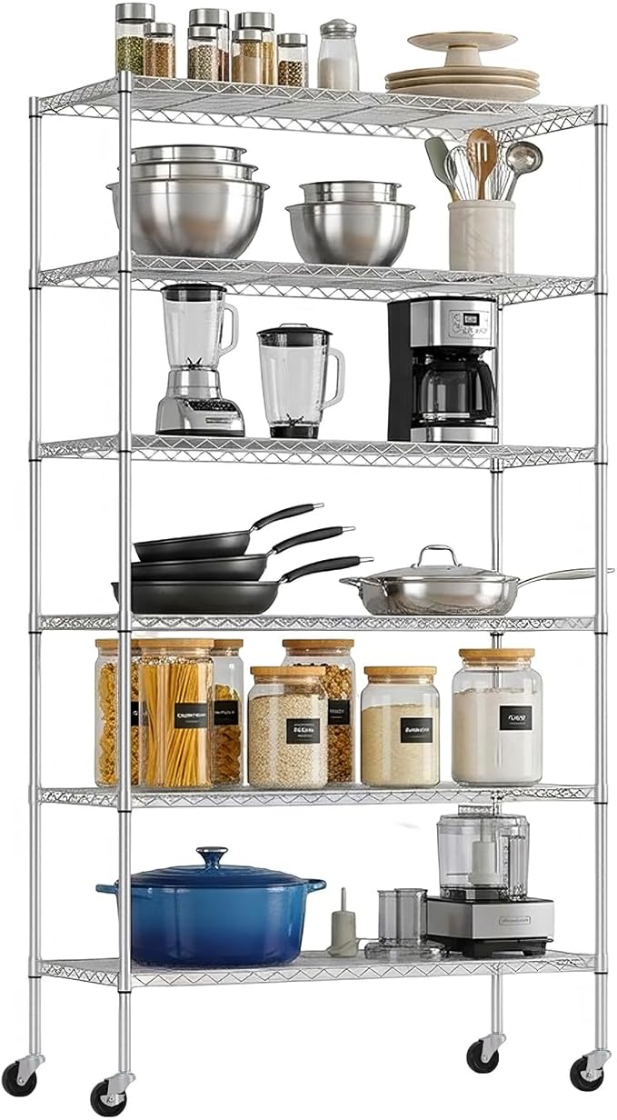 PayLessHere | 6-Tier Wire Shelf with Wheels | 45"x18"x82" | Chrome | Adjustable Racks | Heavy-Duty Storage Shelves, Holds Upto 510 lbs | Rust-Resistant, No-Tool Assembly | for Home, Garage Shelving