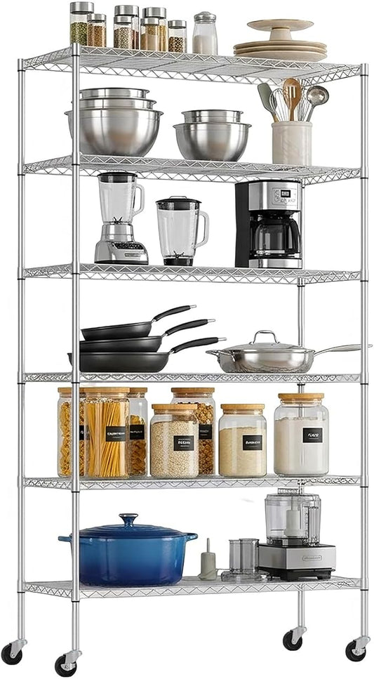 PayLessHere | 6-Tier Wire Shelf with Wheels | 45"x18"x82" | Chrome | Adjustable Racks | Heavy-Duty Storage Shelves, Holds Upto 510 lbs | Rust-Resistant, No-Tool Assembly | for Home, Garage Shelving