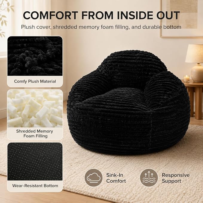 Simple Deluxe 3.25 ft Faux Fur Memory Foam Bean Bag Chair, Large Comfy Lazy Chair for Adult with Washable Cover, Perfect for Reading Gaming in Living Room Bedroom, Black