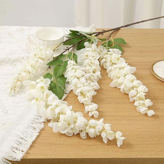 4pcs 47.2-inch Artificial Fake Wisteria Hanging Flower Garland Silk Flower String Home Party Decoration White Blue Pink Purple (White)