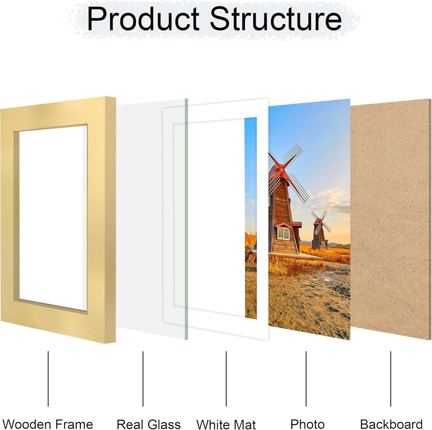 5x7 Picture Frame Set of 4, 5 x 7 Wood Photo Frames with Mat for 4x6, Wooden Frame with Real Glass Cover for Wall and Tabletop Display,Gold