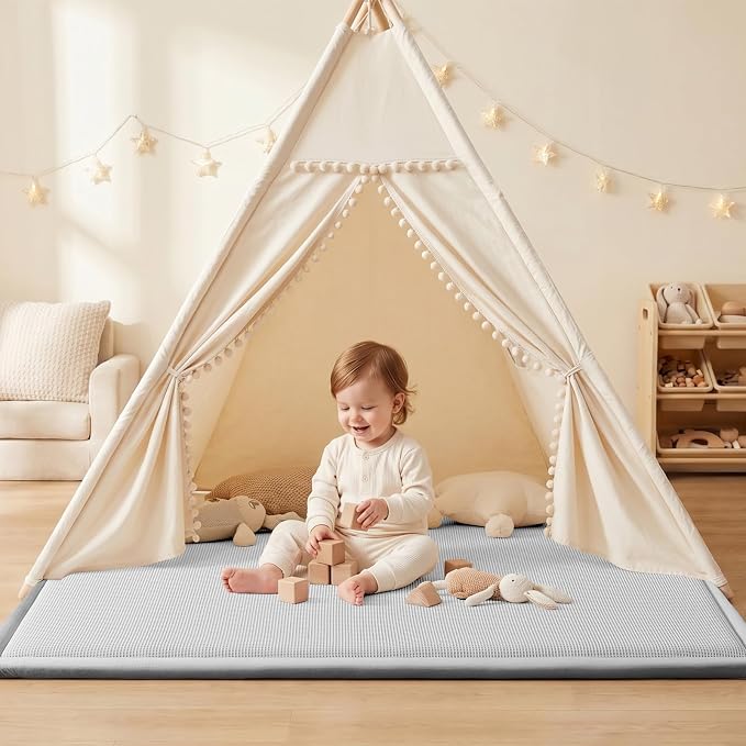 Baby Play Mat for Floor Tummy Time Nursery Rug Muscle Area Rug Playroom Rug 79x110" Elastic Foam 1.3" Thick Crawling Mat for Babies,Toddlers, Infants,Kids(Plaid Light Grey)
