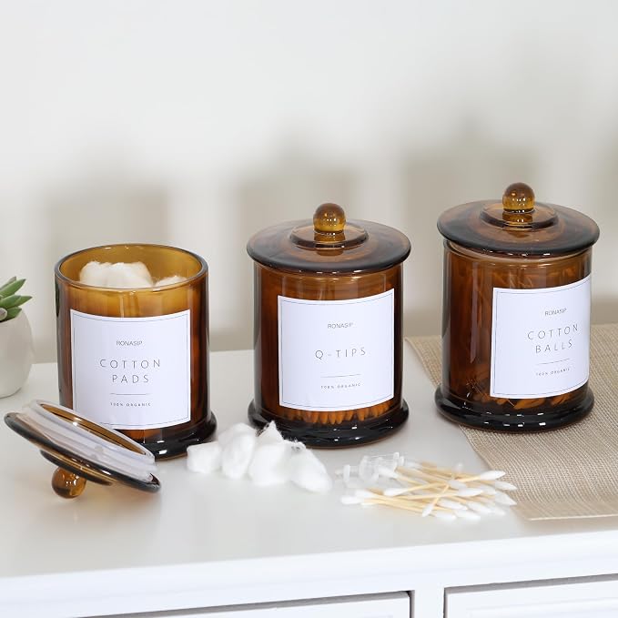Ronasip 3 Pack Qtip Holder Dispenser, 16oz Bathroom Organizer and Storage Canisters, Glass Apothecary Jars with Lid - Home Decor, Room Decor Aesthetic (Amber)