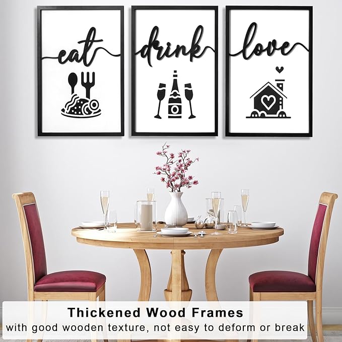 3D Wood Dining Room Wall Decor, Framed Kitchen Pictures Wall Art for Dining Room Wall Decor(Ready to Hang, 16x24 inches, Set of 3, Framed)