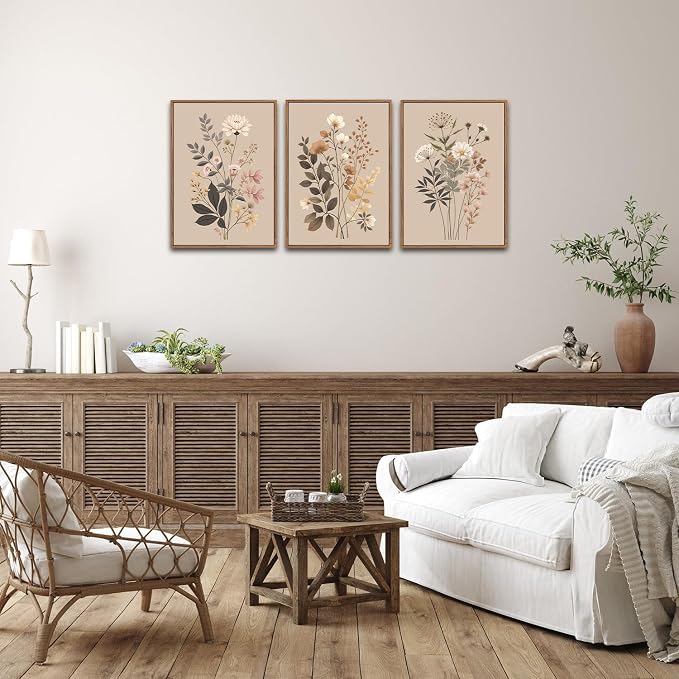 CHDITB Vintage Flower Framed Canvas Wall Art Set, Large Neutral Wildflowers Wall Decor, Farmhouse Floral Artwork Botanical Poster, Modern Art Prints for Living Room Bedroom Office Size 16"x24"