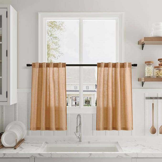 Camel Kitchen Cafe Curtains 30 Inch Length Linen Blend Privacy Light Filtering Short Rustic Curtain with Rod Pocket Back Tab Pleated Design for Over Sink Bathroom Laundry Room 2 Panels 26Wx30L