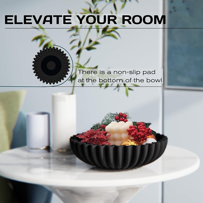 10 Inch Scalloped Ruffle Hand Poured Concrete Decorative Fruit Bowl Black | Solid concrete wabi sabi centerpiece bowl for kitchen counter, entryway key storage & coffee table decor