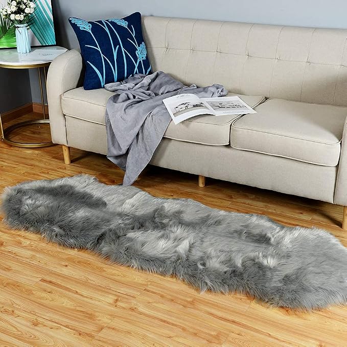 Carvapet 2x6 Faux Sheepskin Rug - Gray Shaggy Fluffy Area Rug Runner, Soft Plush Fake Fur Couch Seat Cushion Floor Cover Mat for Bedroom Living Room