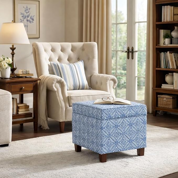 HomePop Home Decor | K7342-A874 | Classic Square Storage Ottoman with Lift Off Lid | Ottoman with Storage for Living Room & Bedroom, Blue Indigo Print, Large