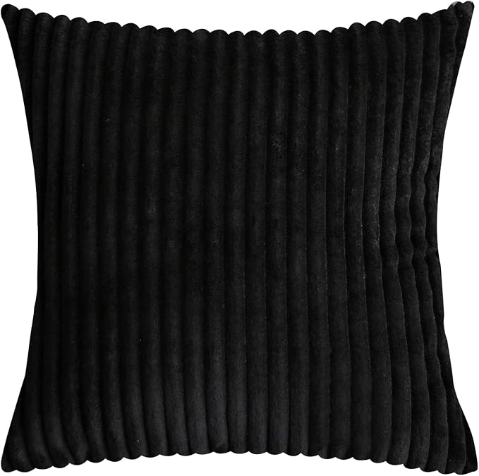 TangDepot Velvet Big Corduroy Pillow Covers 16x16 Black 2-Pack | Soft wide-stripe corduroy pillow cover, hidden zipper, machine washable, easy refresh, for bedroom living room indoor outdoor