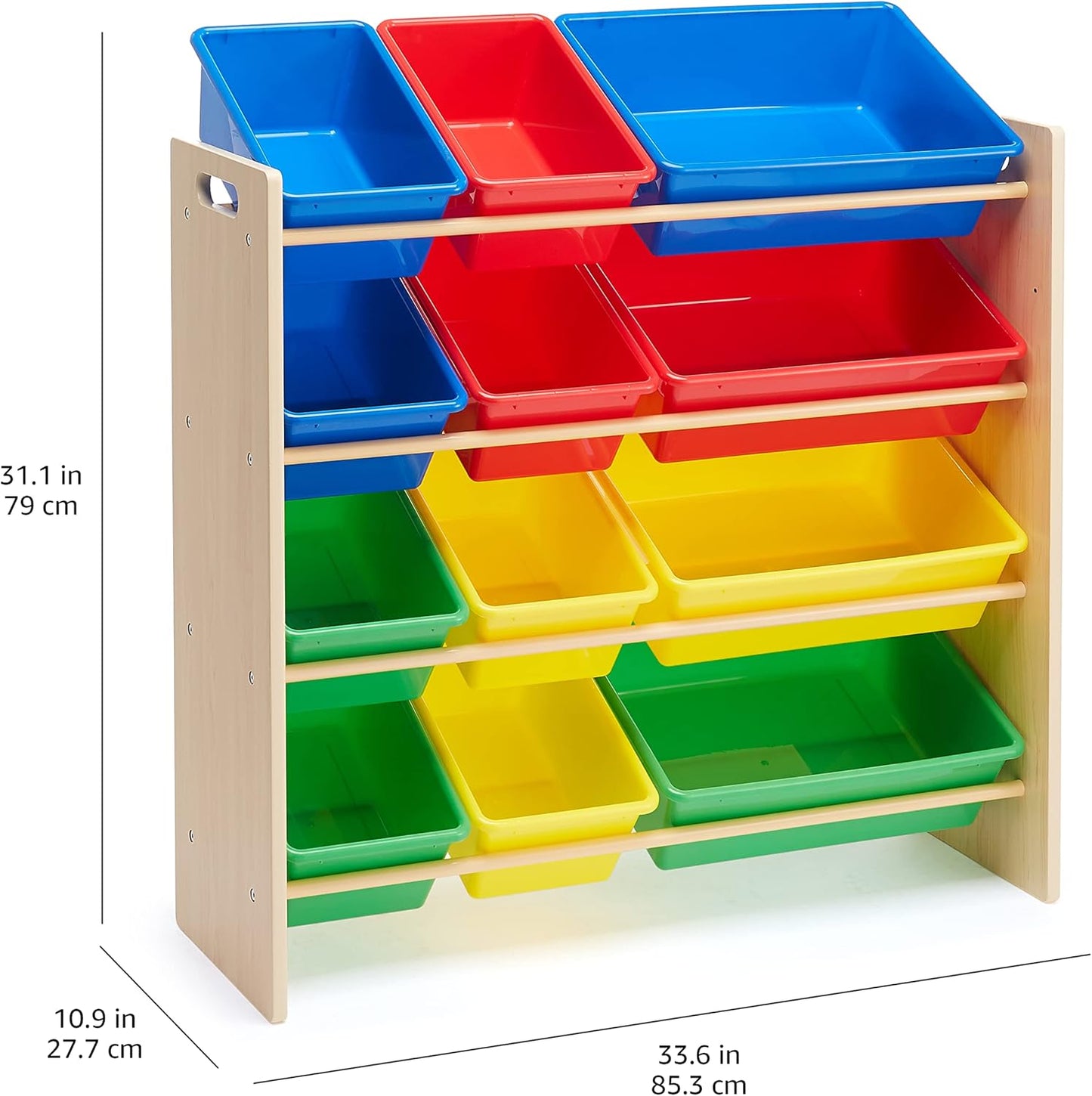 Amazon Basics Kids Toy Storage Organizer With 12 Plastic Bins, Natural Wood With Bright Bins, 10.9" D x 33.6" W x 31.1" H
