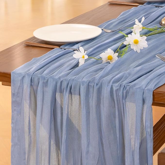 Socomi 2pcs Dusty Blue Easter Spring Cheesecloth Table Runner Boho Rustic Gauze 120 inch 10FT Cheese Cloth Runner for Wedding Party Baby Shower Birthday Home Decor Holiday Decorations