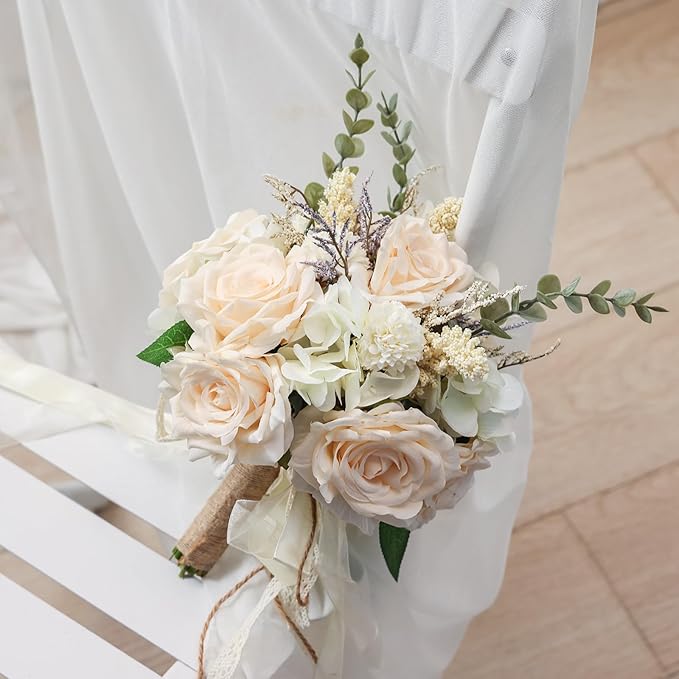 CEWOR Wedding Bouquets for Bride Bridesmaid, White Champagne Artificial Roses Flowers Wedding Decoration (10in)