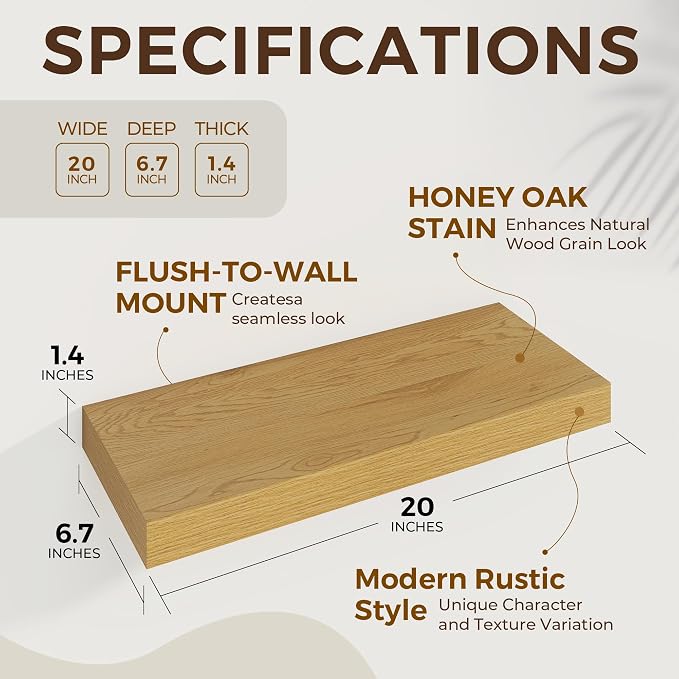 Dreamland 20Inch Floating Shelves 6.7" Deep Wall Mounted Set of 2 Oak | Wall shelves for bathroom, bedroom, Living Room, kitchen, deep wall mount wood storage display for home decor 20" x 6.7"