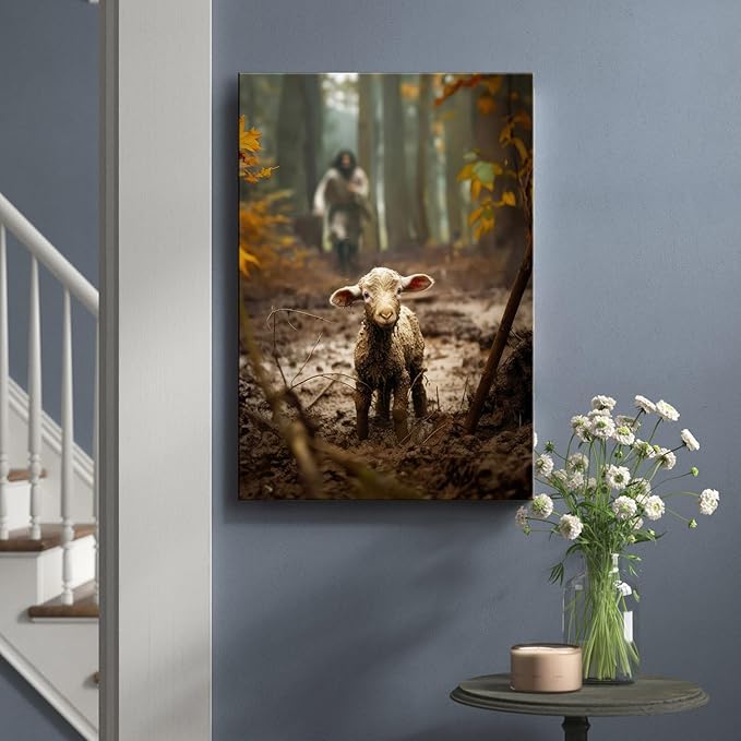 Ploceiny christian gifts for women-men,Religious canvas home decor for prayer room christmas decorations Jesus Running After Lost Lamb Picture Jesus and lamb poster wall decor A-392 (16"X24")