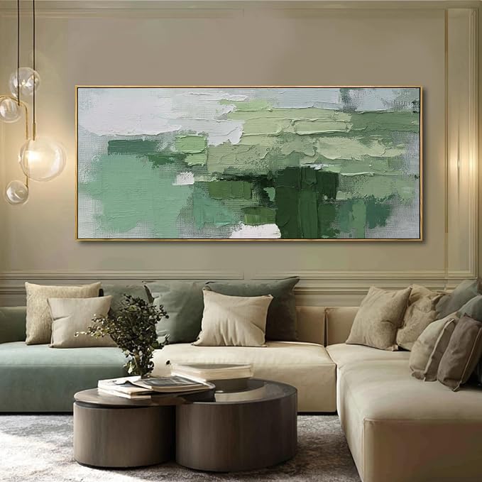 Green Hand-painted Abstract Canvas Wall Art, 32x70 Inch Framed Horizontal Artwork with Layered Green Tones for Living Room Decor