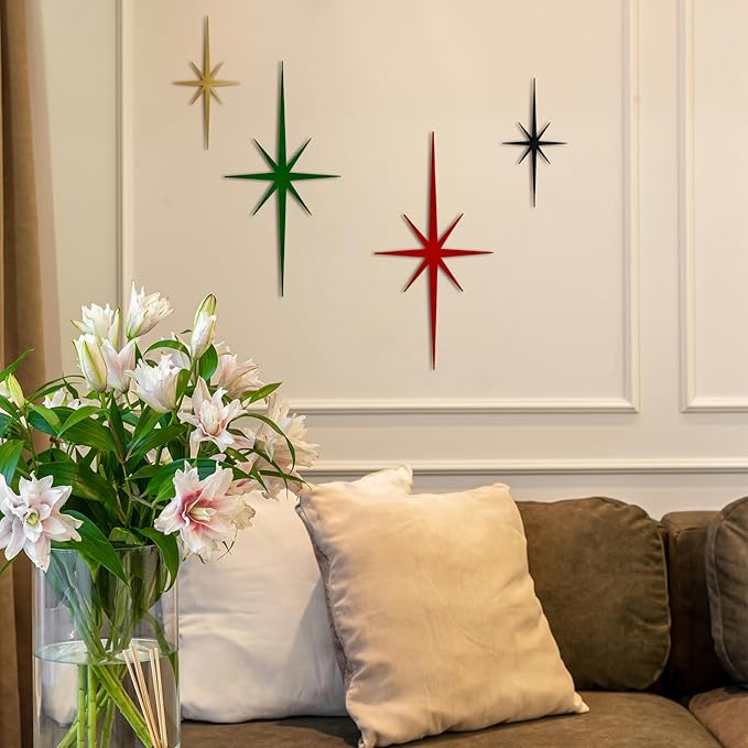 4 Pack Metal Star Wall Art 8 Pointed Starburst Wall Decor Set with 2 Large & 2 Small Pieces Mid Century Celestial Metal Wall Sculpture for Bedroom Living Room Office Gallery Wall