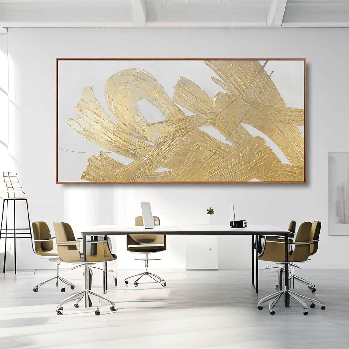XIANSHOU Gold and White Canvas Wall Art Abstract Wall Artwork Neutral Wall Decor 36"x70" Large Canvas Painting for Living Room Office