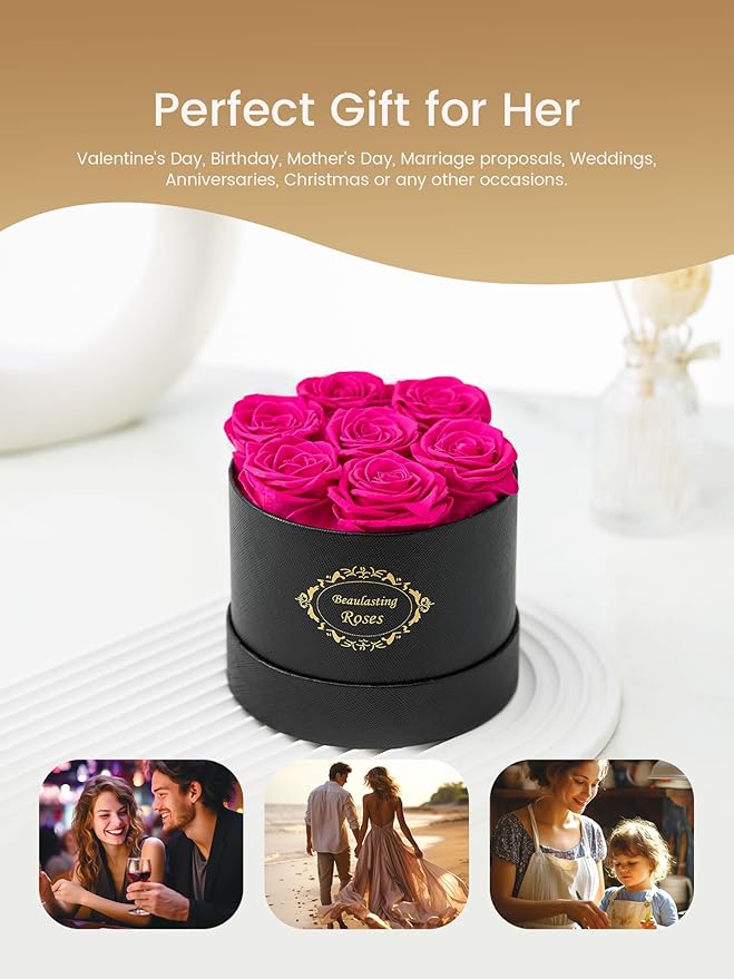 Beaulasting Long Lasting Preserved Roses in a Box Last a Year Forever Flowers for Her Mom Wife Anniversary Birthday (Round Black Box, Hot Pink)
