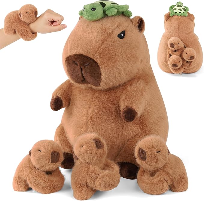5 in 1 Capybara Plush, 12.8" Mommy Capybara Stuffed Animal with 3 Babies Capibaras Peluches Inside, Cute Stuffed Capybara Toys Pillow Plushies for Kids Christmas Birthday Gifts