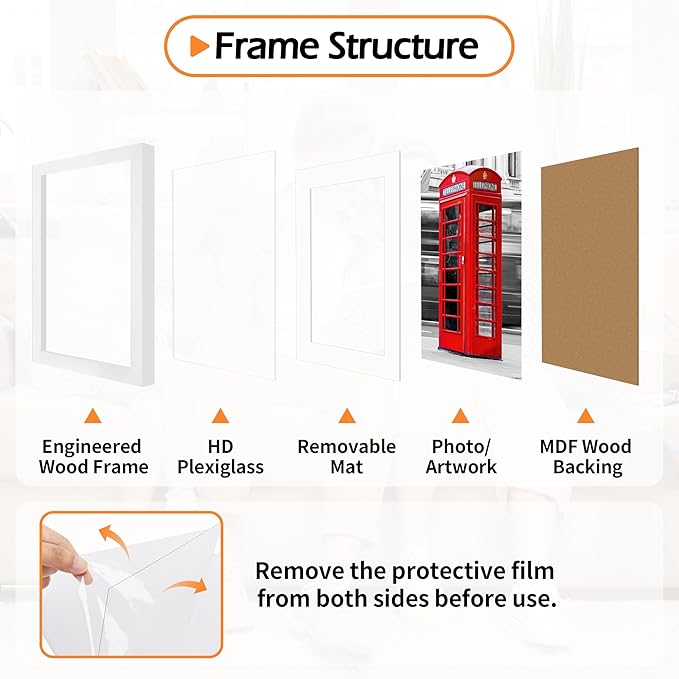8.5x11 Picture Frame Set of 8, White Photo Frames for Gallery Wall Mounting, Display Pictures 6x8 with Mat or 8.5 by 11 Without, Certificate Frame with Plexiglass for Home Office Wall Decor