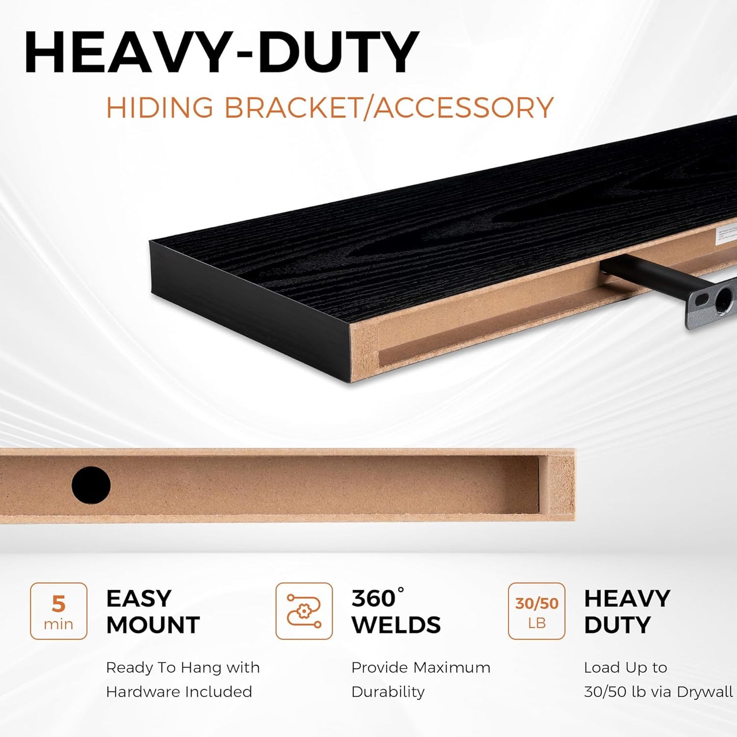 Floating Shelves for Wall, 48 Inch Floating Shelves for Home Decor, Wall Mounted Rustic Wood Shelves, Bathroom, Hanging Deep Shelf for Bedroom, Living Room, Kitchen (Black, Set of 2)