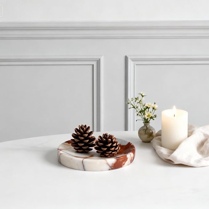 ZSHAWN Red Calacatta Viola Marble Jewelry Dish 4”, Small Trinket Tray for Rings Earrings Bracelets, Round Marble Soap Dish for Bathroom & Vanity, Decorative Catchall Dish for Home & Tabletop